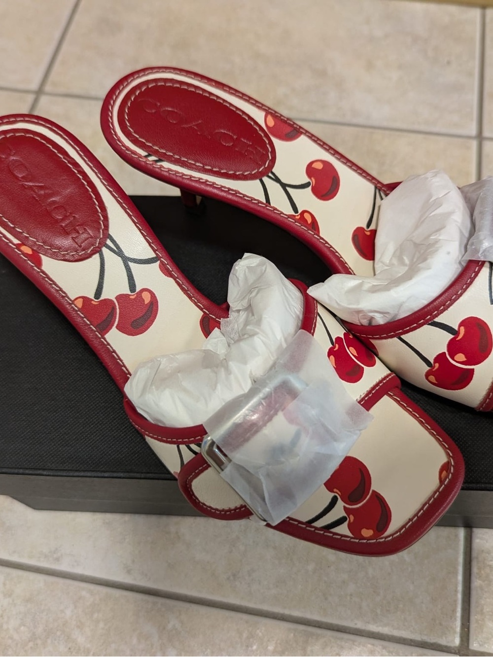 Coach Red and Cream Cherry Print Kitten Heels - Picture 5 of 7